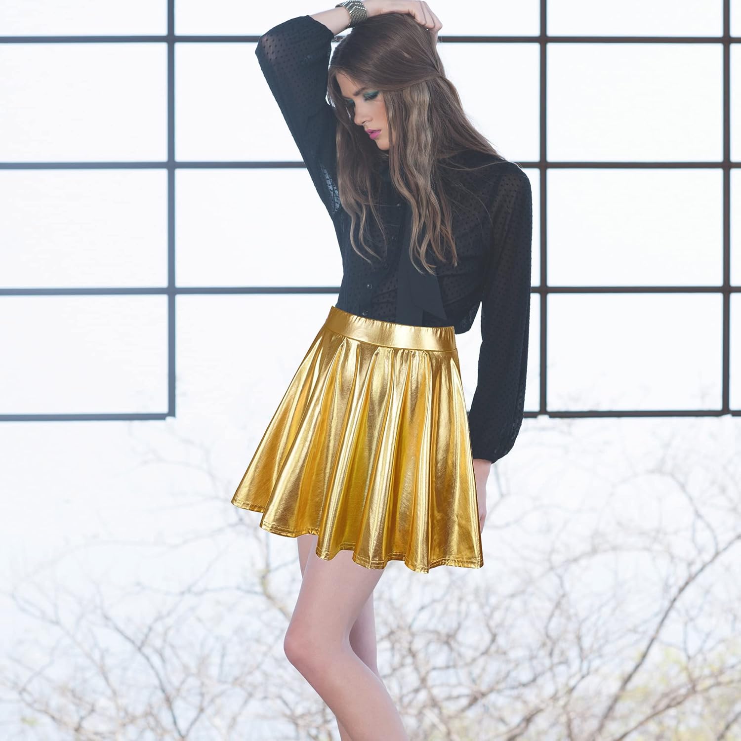 UTTPLL Women's Shiny Flared Metallic Holographic Pleated Mini Skater Skirt High Waist Costome Pleated Skirt - Image 5