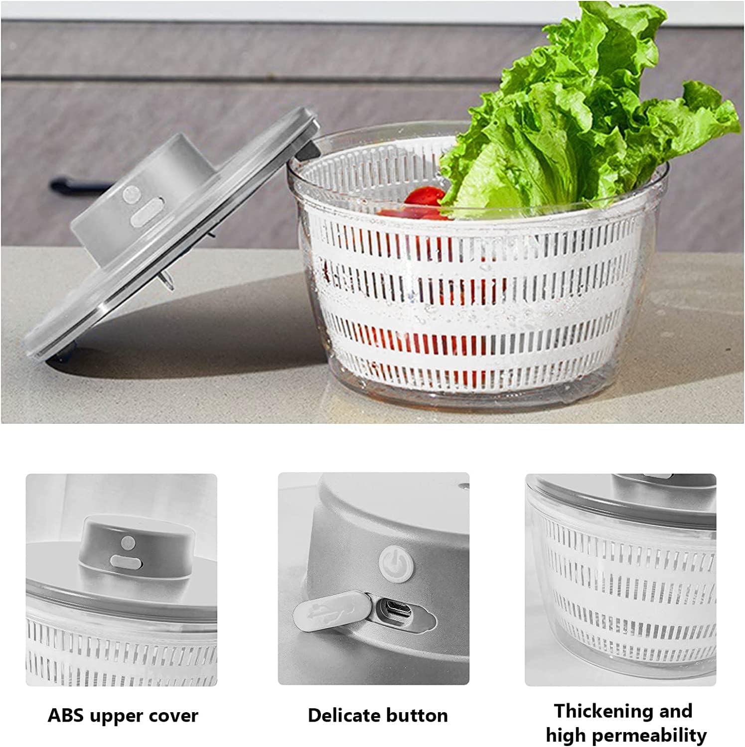 Electric Salad Spinner, 4L Wireless USB Salad Spinner Dehydrator for Fruit Vegetables, Large Capacity Salad Vegetable Dryer, Quick Drainage Electric Mixer White