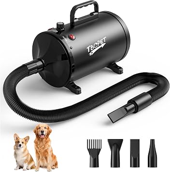 Dog Dryer High Velocity Dog Hair Dryer 5.2HP/2800W, Stepless Adjustable Speed Temperature Dogs Grooming Blaster Dryer, Pet Dryer with 4 Nozzles,Blow Dryer for DogsBlack
