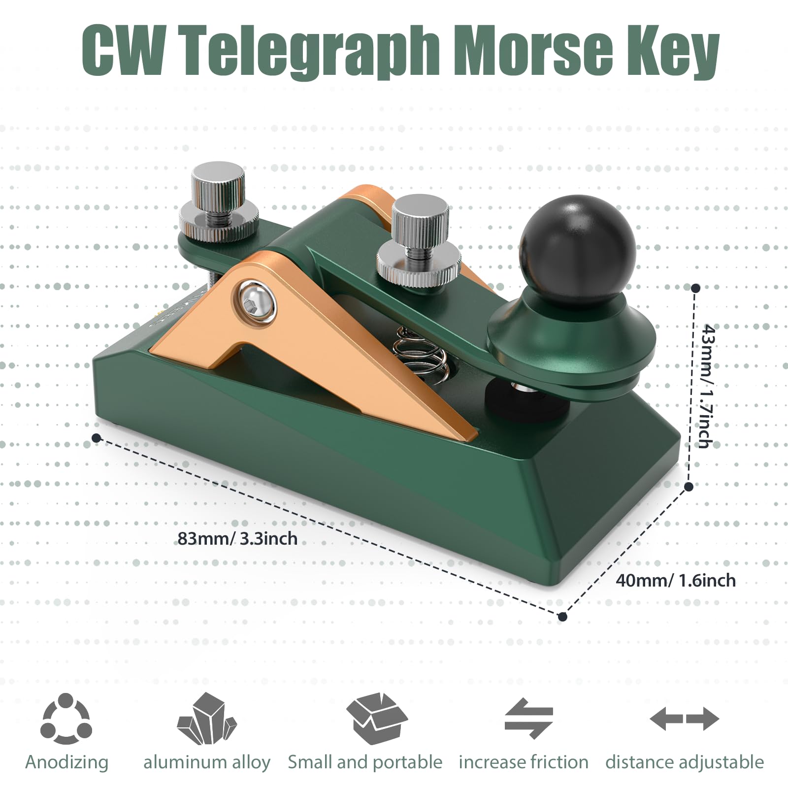 CW Morse Code Key - Chiave tascabile con codice Morse Telegraph Base in lega di alluminio grigia per radioamatoriali, tensione regolabile (verde-09B)