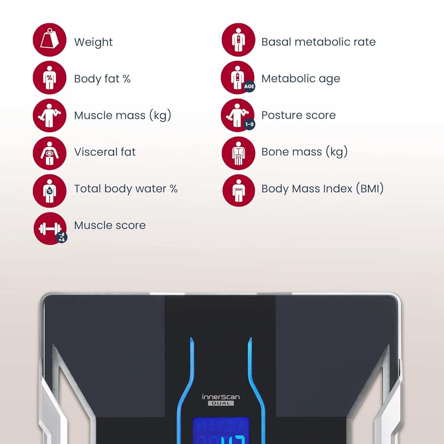 Icons representing 11 body composition measurements: Weight, Body Fat %, Muscle Mass (kg), Visceral Fat, Total Body Water %, Muscle Score, Basal Metabolic Rate, Metabolic Age, Posture Score, Bone Mass (kg), Body Mass Index (BMI).