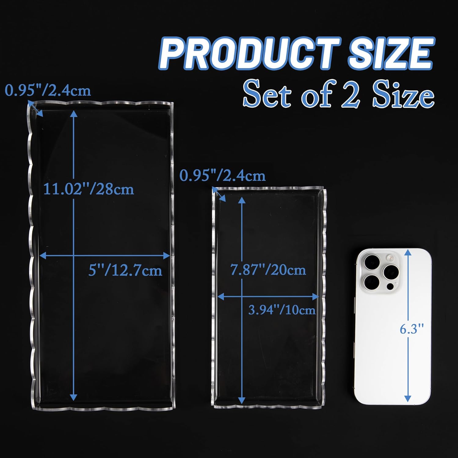 2 Pack Scalloped Acrylic Bathroom Vanity Tray for Counter Clear Acrylic Trays for Organizing Perfume Sponge Soap Makeup Storage Holder Toilet Tray Decor (Large: 11"L x 5"W + Middle: 8"L x 4"W) - Image 2