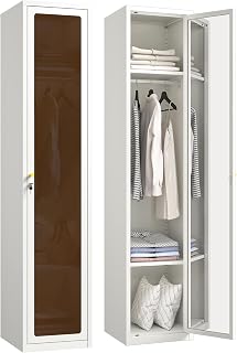 Tall Metal Locker 0rganizer for Employees with Lock, 72.83" H Amber Glass Door Cabinet with Mirror,Lockable Lifetime Locker for Home, Office, Gym, School, Garage (Single Door, White)
