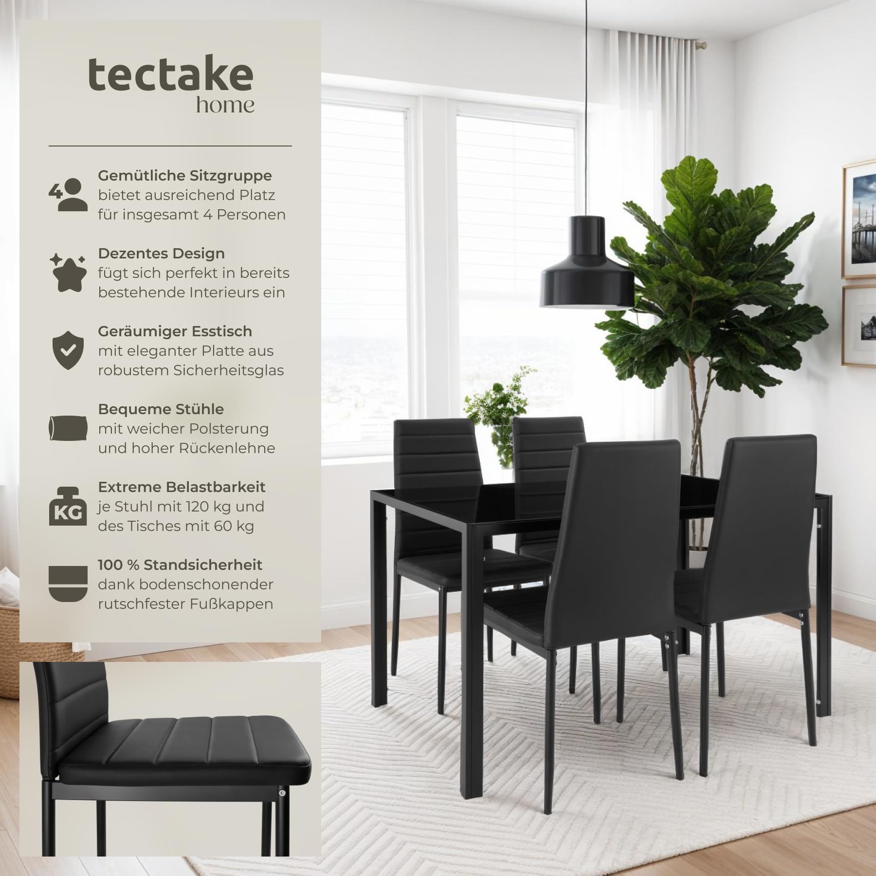 tectake Essgruppe Set Tisch und Stühle, Esstisch und 4X Stuhl, strapazierfähiges Kunstleder, Tischplatte aus Sicherheitsglas, Küchenstühle modern, Küche - schwarz