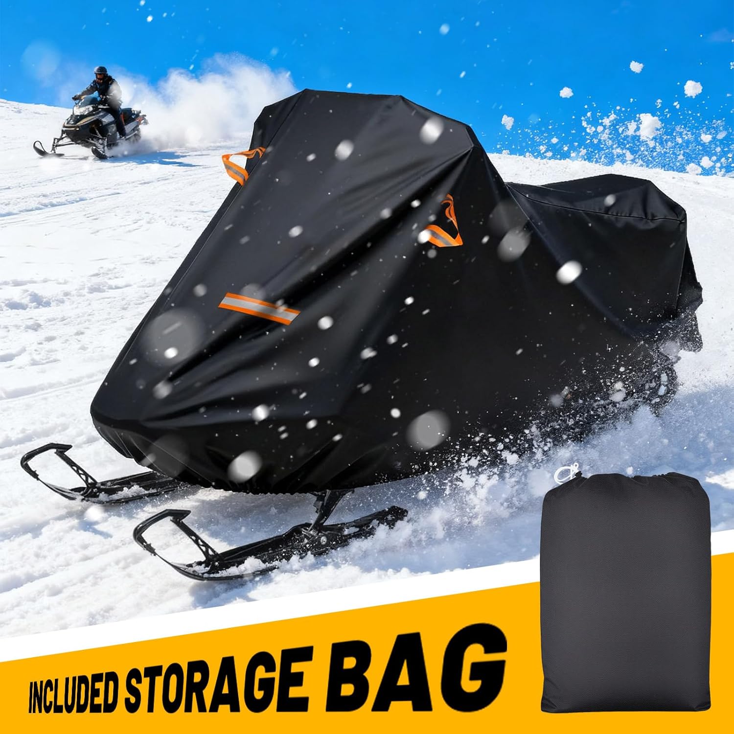 Snowmobile Cover, 420D Durable Oxford Fabric Waterproof sled ski Cover with Reflective Handles, Elastic Bottom (Black L Fits Length 130" x 51" x 48")