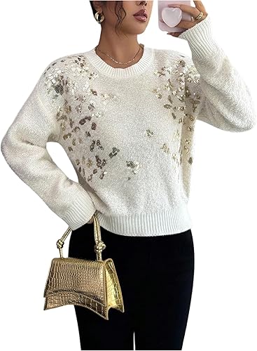 MakeMeChic Women's Glitter Sequin Sweater Crew Neck Long Sleeve Business Knitted