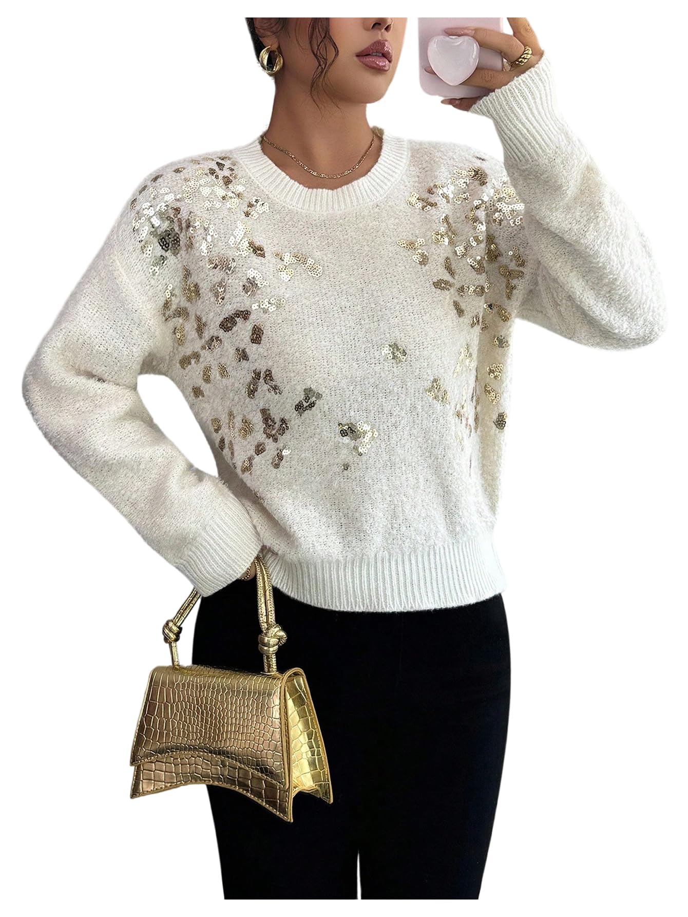 MakeMeChic Womens Glitter Sequin Sweater Crew Neck Long Sleeve Business Knitted Pullover Top