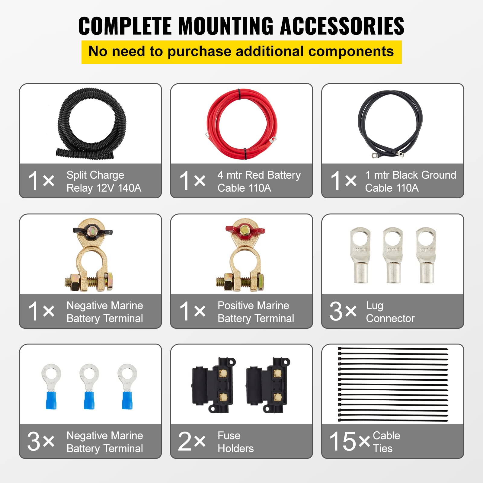 VEVOR Kit de Relais Sensible à la Tension 12 V 140 A Kit d'Isolateur de Batterie Double, Relais de Batterie Charge Divisé Universel Étanche avec Câble de Batterie de 4 m pour VTT UTV Camions Camping