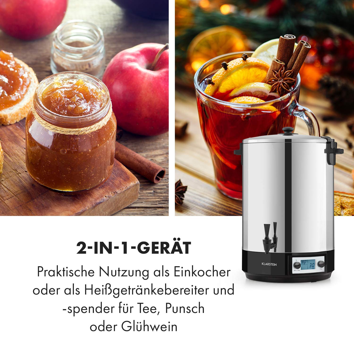 Klarstein KonfiStar 40 Distributeur de boissons chaudes numérique 40 l, 2500 W, 30-100 °C, minuteur, fonction maintien au chaud, couvercle avec fermeture, acier inoxydable poli