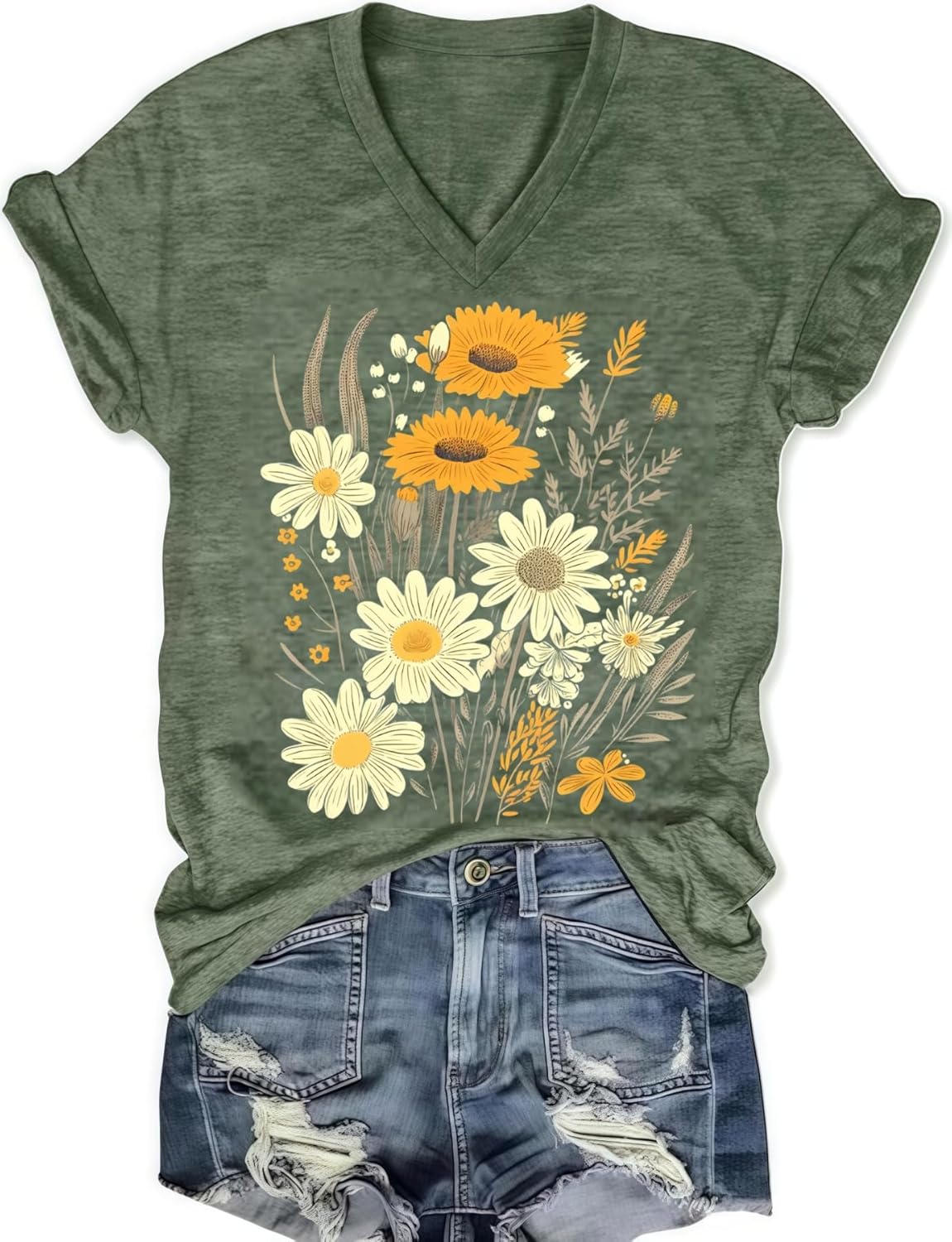 Graphic Tees for Women V-Neck Boho Tops Wildflowers Vintage Western Short Sleeve Fall Shirts