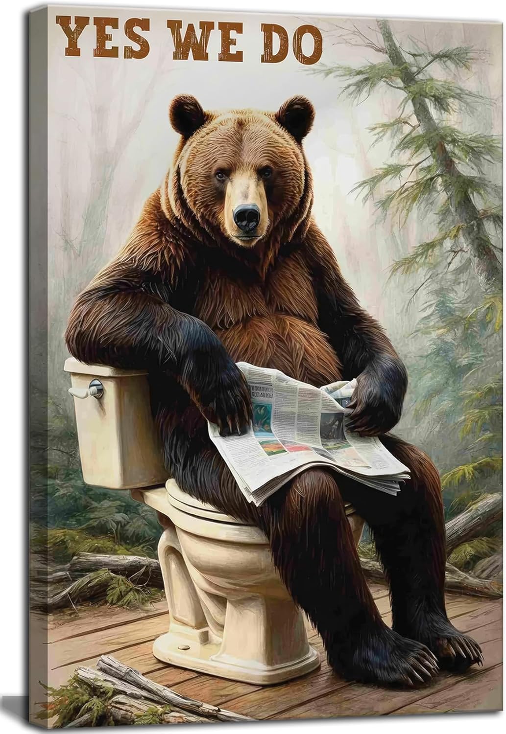Bear Bathroom Canvas Wall Art Picture Funny Forest Animal Poster Prints Humorous Bear Sitting On The Toilet Painting Wall Decor for Washroom Restroom 16x24in Framed Ready To Hang