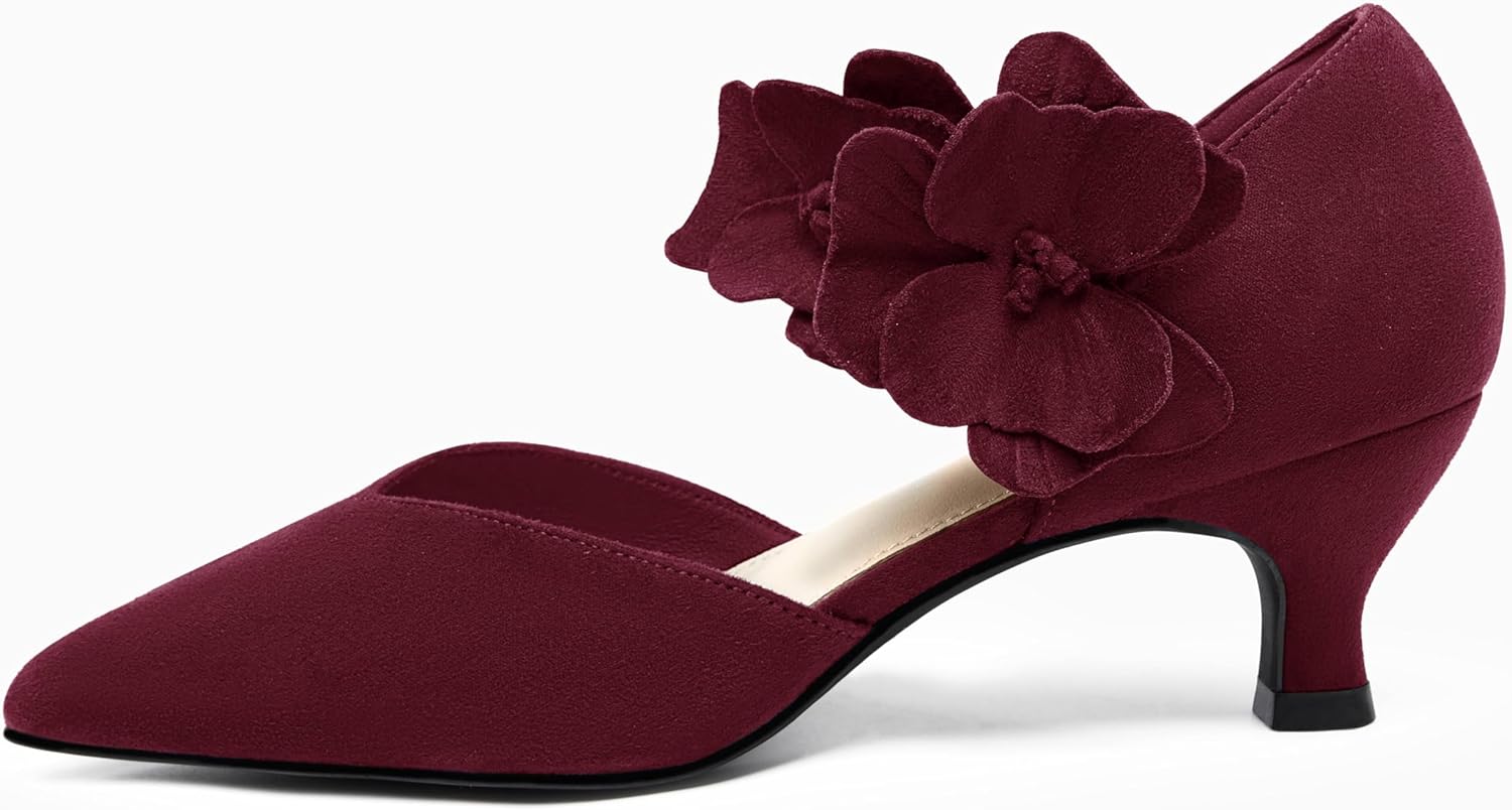 Coutgo Womens Low Kitten Heels Dressy Shoes Comfortable Closed Toe Flower Slip on Formal Party Dance Heeled Pumps - Image 2