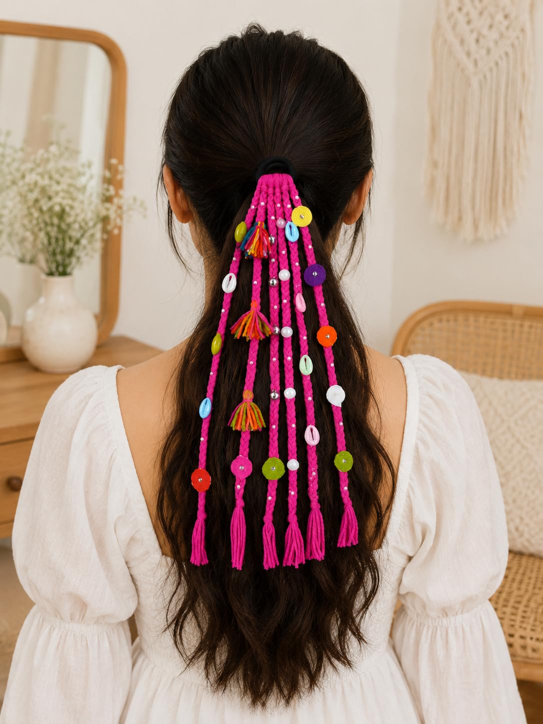 Boho Braided Hair Extension Ponytail, Hot Pink, with Colourful Beads, Tassels and Shells-image-49