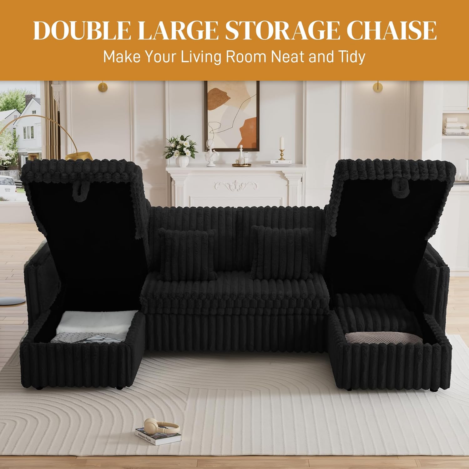 107" Sectional Sleeper Sofa with Pull Out Bed, Comfy Plush Fluffy Corduroy Cloud Sectional Couches for Living Room, Modular Couch U Shaped with Storage Chaise, Cup Holder & USB Charger, Black