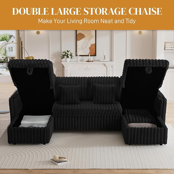 110 Sectional Sleeper Sofa with Pull Out Bed, Comfy Fluffy Plush Corduroy Black Sectional Couches for Living Room, U Shaped Couch with Storage Chaise, Cup Holder & USB Port