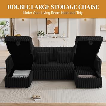 110 Sectional Sleeper Sofa with Pull Out Bed, Comfy Fluffy Plush Corduroy Black Sectional Couches for Living Room, U Shaped Couch with Storage Chaise, Cup Holder & USB Port