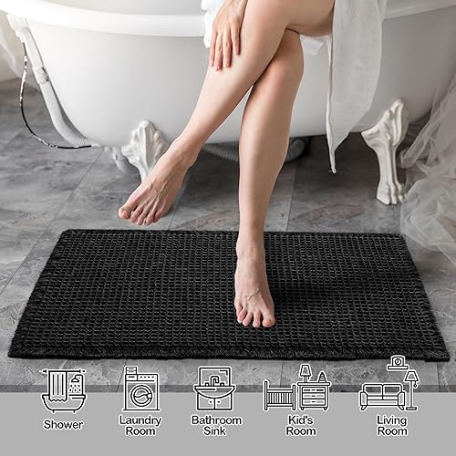 Miniatura 4 de ZALL Tapete de baño con diseño de gofres, color negro, súper absorbente, antideslizante, diseño geométrico de rombos de 18 x 30 pulgadas, lavable a