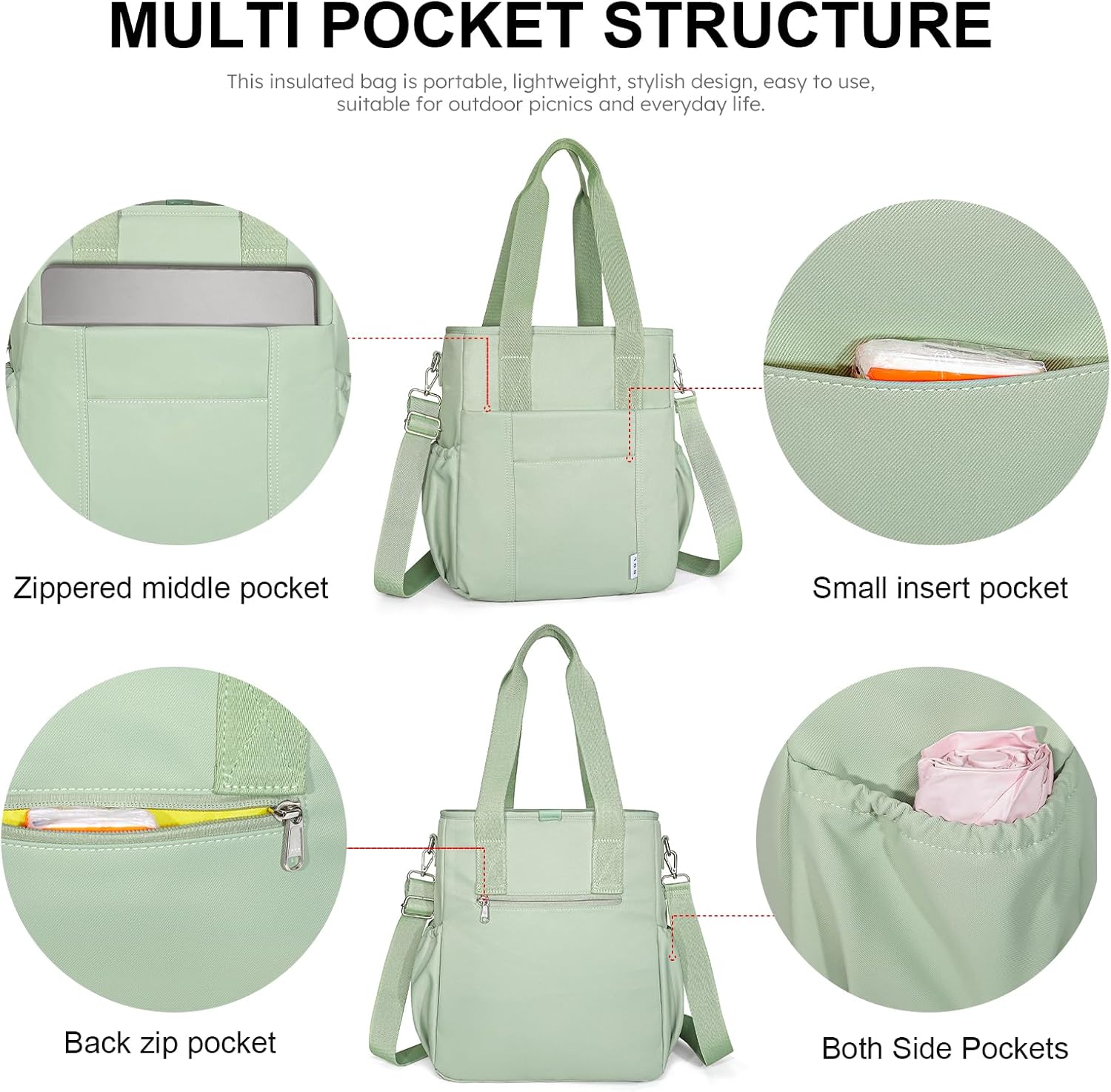 NOL Insulated Lunch Bag for Women, Large Spacious Lunch Tote Bag With Removable Adjustable Shoulder Strap with Multi Pockets,Leakproof Cooler Bag,Lightweight Nylon Waterproof Lunch Box For Work,Green - Image 3