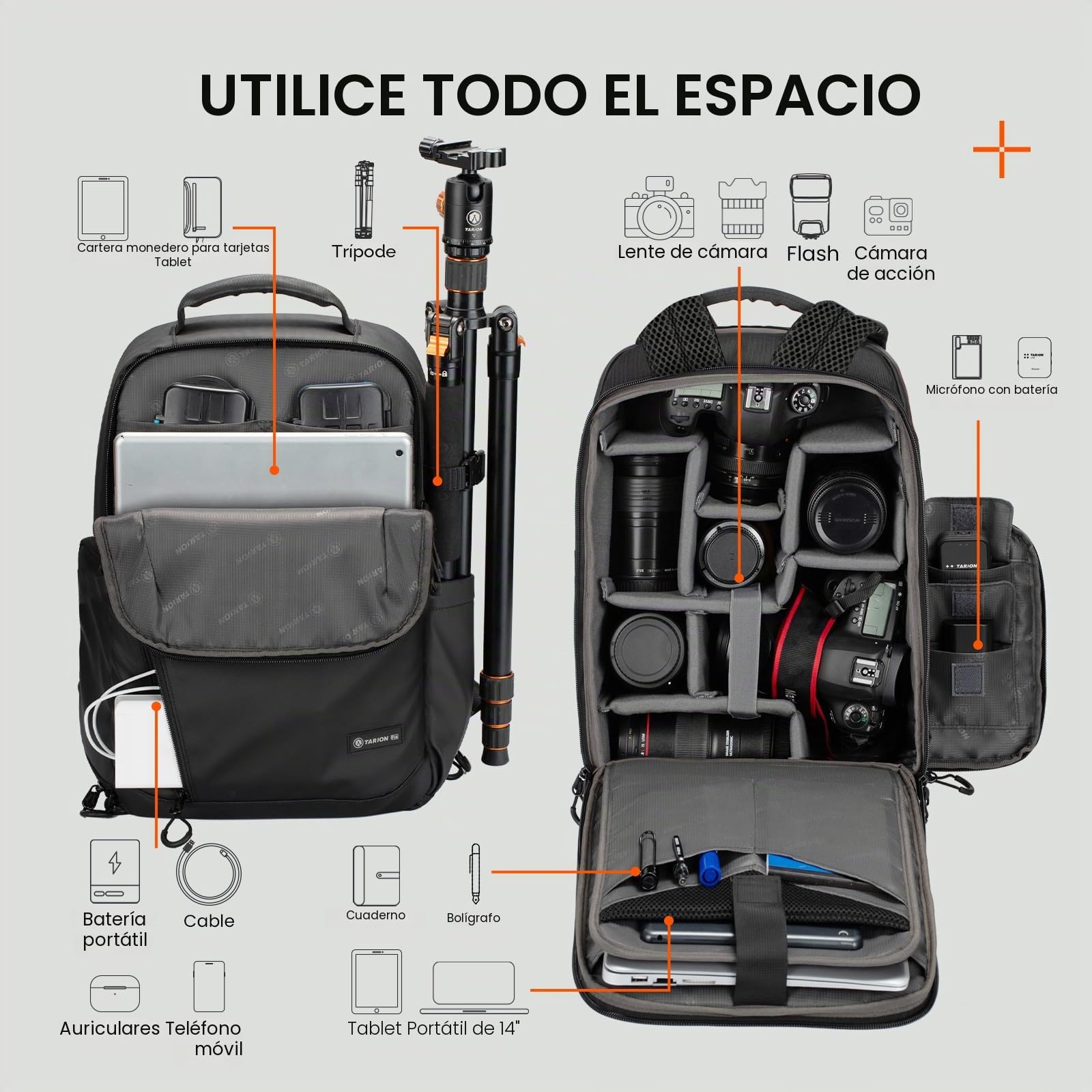 Tarion Mochila para cámara fotográfica, impermeable, bolsa para cámara SLR, mochila para cámara con compartimento para portátil de 14 pulgadas y cubierta de lluvia para cámaras SLR