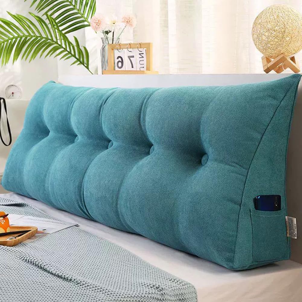 Cojín triangular de cuña lumbar con cabecero extraíble para leer y relajarse, cojín de posicionamiento suave para sofá cama (azul lago, 180 x 50 x 20 cm)