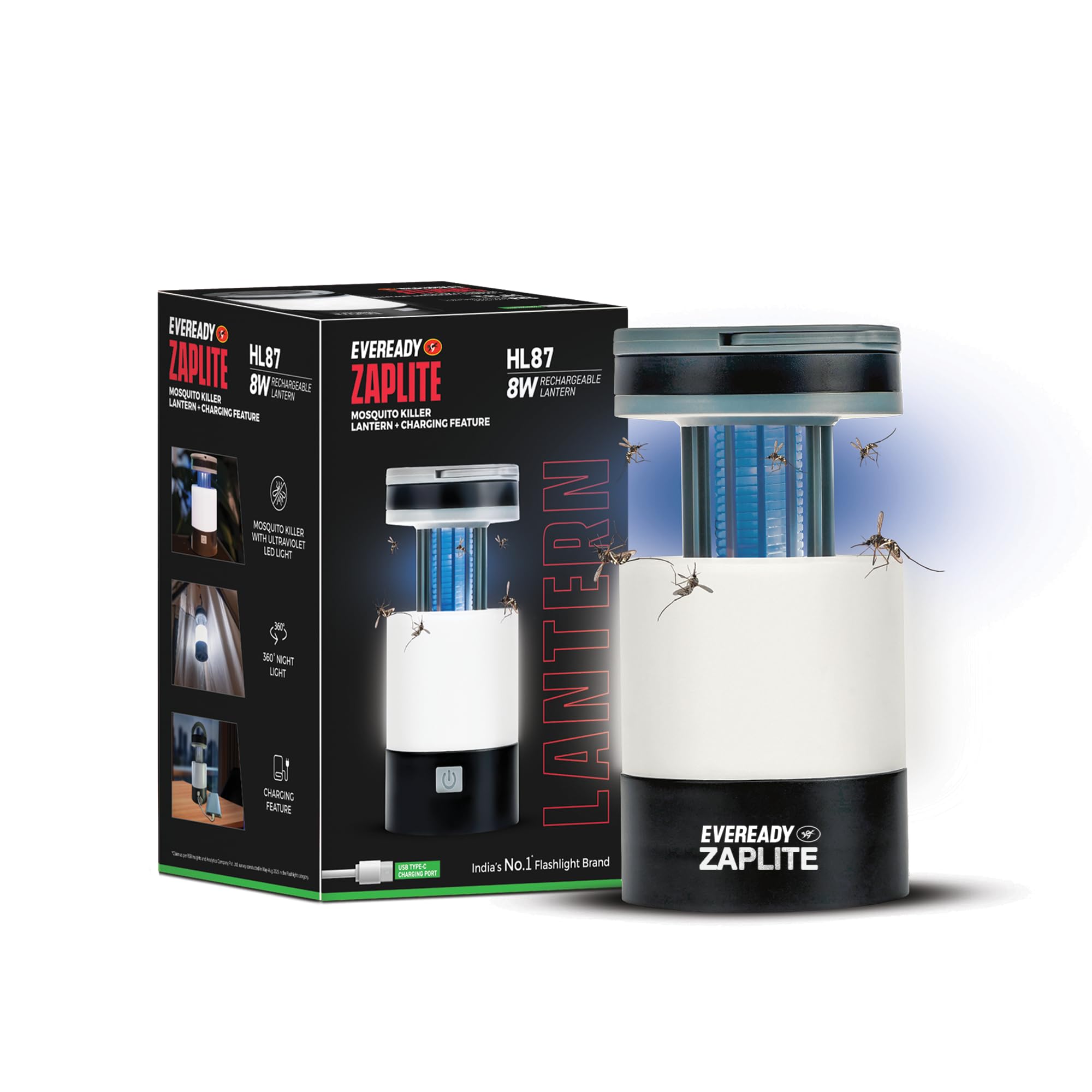 Eveready Zaplite HL87, 5.5W Rechargeable Lantern + Mosquito Killer with UV LED Light, in-Built Powerbank, 360° Illumination, Portable & Durable, USB Type-C Charging, Powered by Li-ion Battery