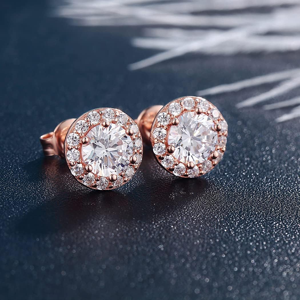 Men Earrings Stud Diamond Earrings Cubic Zirconia Earrings Halo Stud Earrings Sterling Silver Cubic Zirconia Studs 10mm Sterling Silver Diamond Earrings CZ Silver Studs Rose Gold Halo CZ Earrings - Image 5