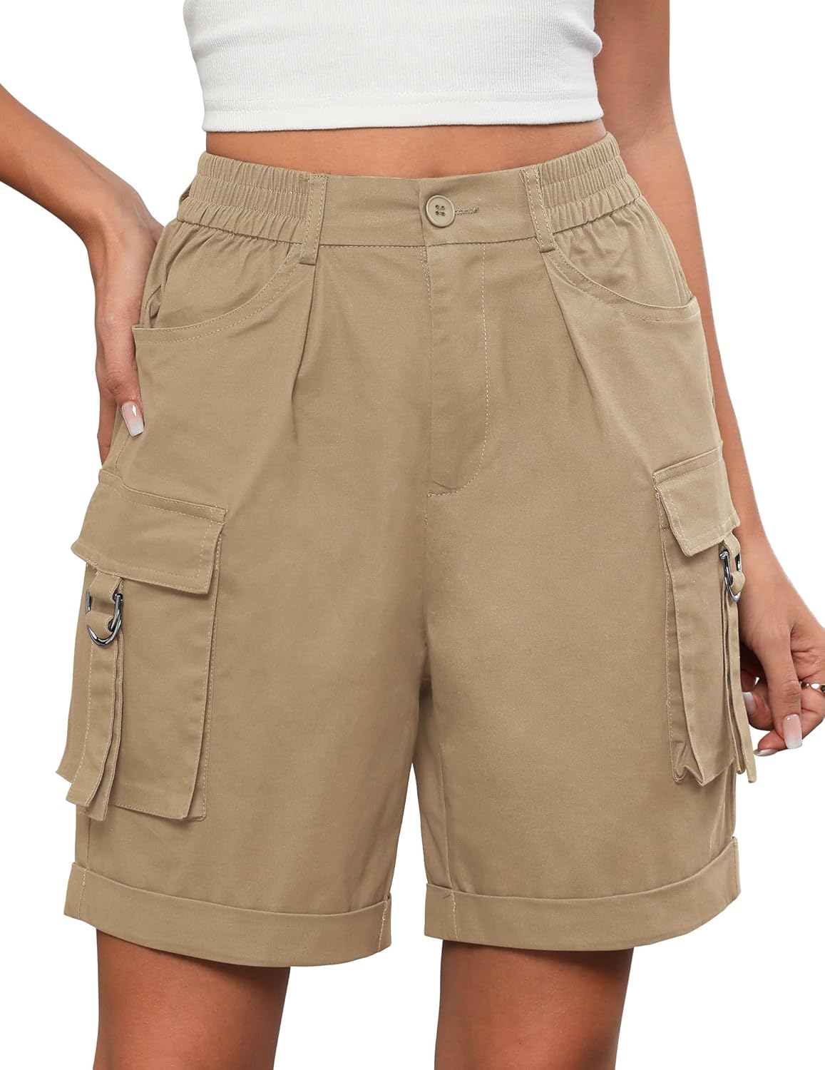 Bermuda Shorts for Women Cargo Cotton Shorts High Waist Knee Length 6 Pockets 2025 Summer Casual