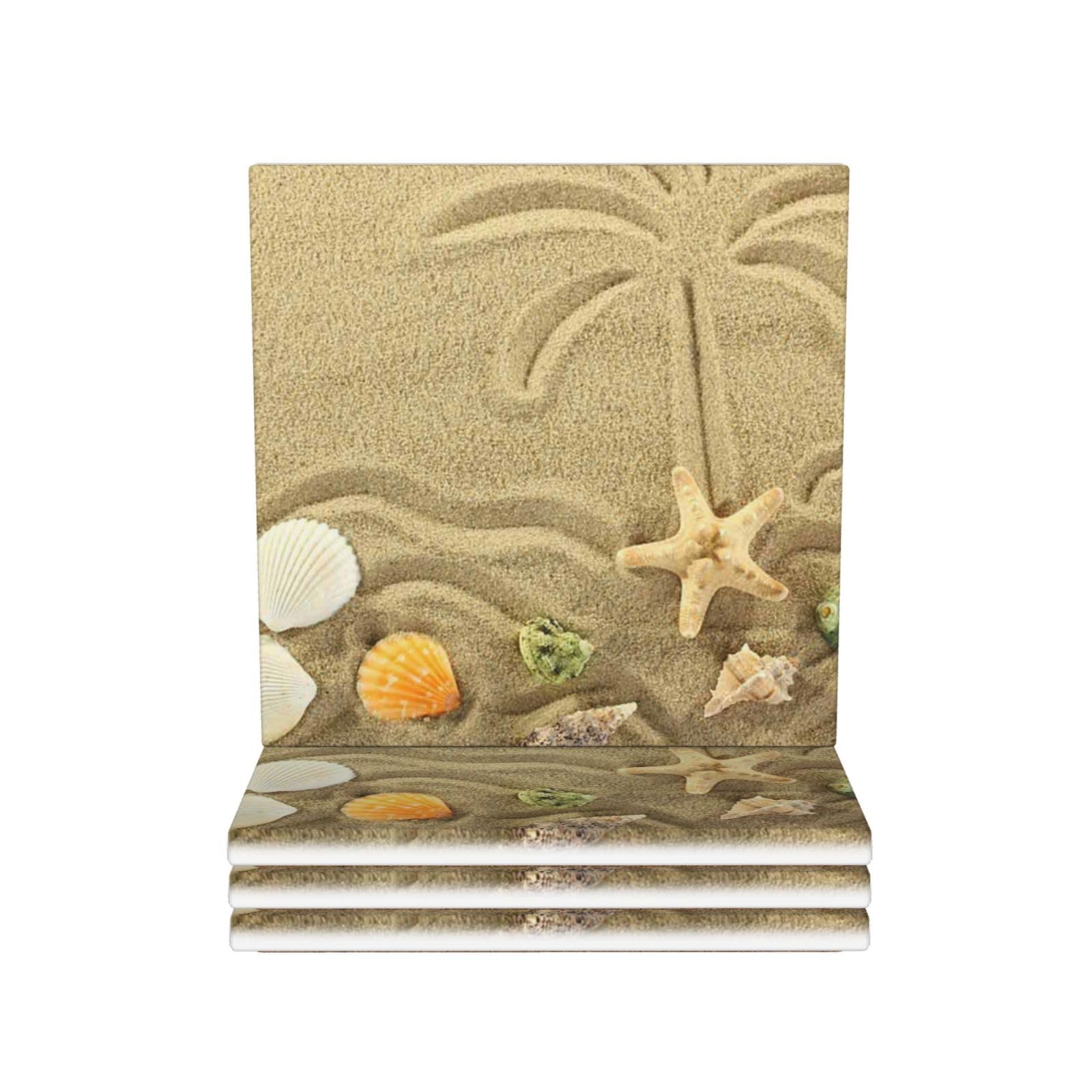 Lot de 4 dessous de verre en céramique Motif étoile de mer et palmiers