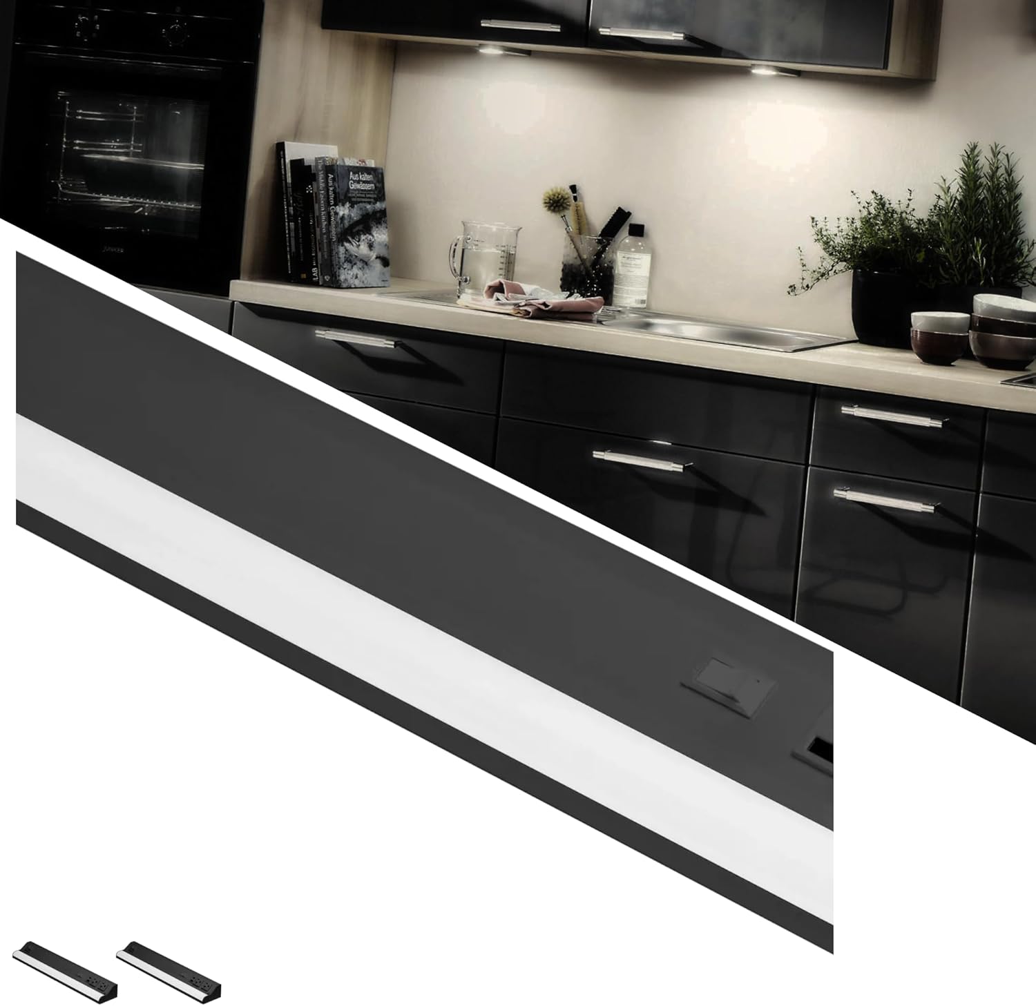 American Lighting LED Courant Plus Undercabinet Light 24 Inch 5CCT 90+ CRI 1200 Lumens with USB-A USB-C and 20A Receptacles Black Finish Title 24 Compliant (2 Pack)
