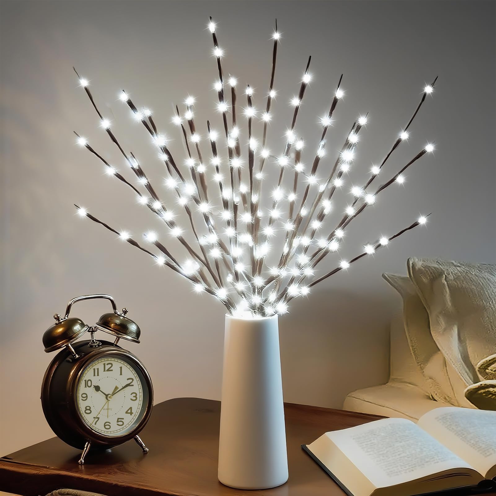 DK177 4 Pack Led Branch Light Battery Operated Lighted Branch Vase Filler Willow Tree Artificial Little Twig Power Brown 30 Inch 20 LED for Home Romantic Decoration, White