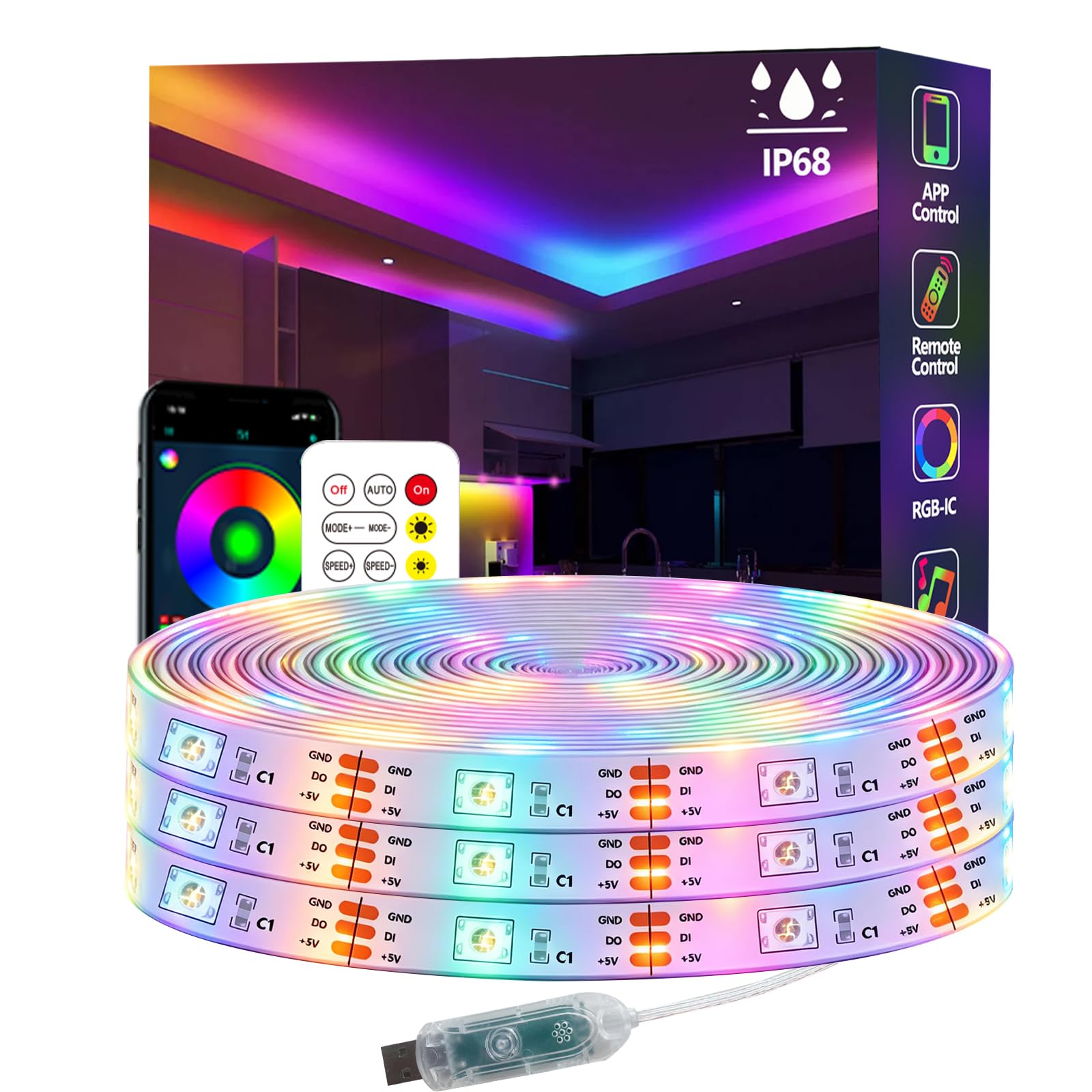 httpsmp Ws2812 RGB+IC LED Streifen, IP68 Wasserdicht, 5V USB Betrieben, Musik Sync, Bluetooth App/RF Fernbedienung, Lichter für Balkon, Deck, Camping, Garten, Schlafzimmer, Dekor