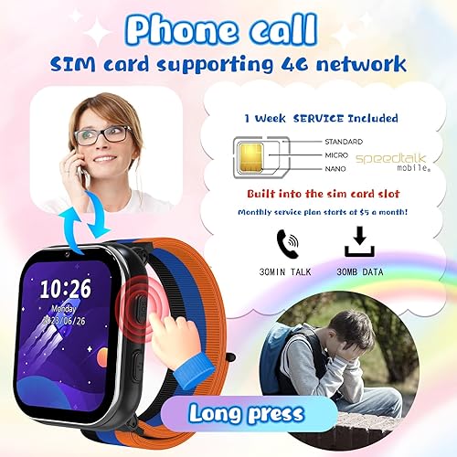 Miniatura 2 de Reloj inteligente para niños, reloj inteligente 4G para niños, pantalla táctil, llamadas SOS juegos, podómetro, alarma de fitness, calculadora,