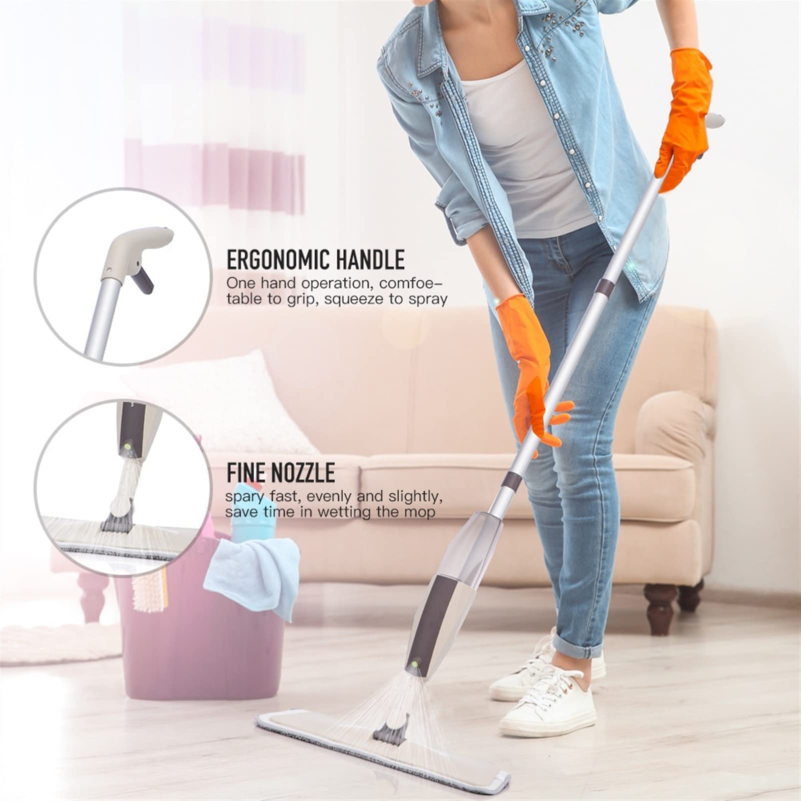 PISO DE PISO DURANTE FRENTE DE SPRAY DE MOP CON PIEZAS DE MICROFIBRAS REUSABLE 360 GRADO MANGE FRONEZA for LA COCINA DE HOGAR Laminado Laminado Azulejos de cerámica de madera Limpieza del piso