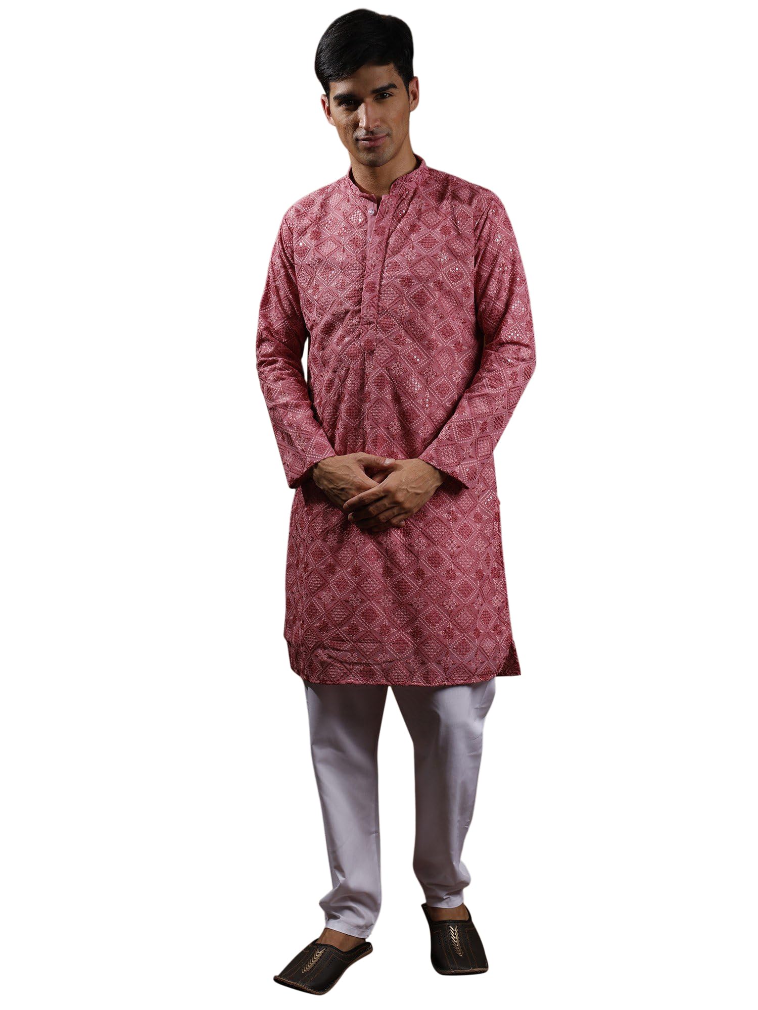 Lakhnavi Chikan Kurta Pajama Set with Metallic-Thread Embroidery-image-9