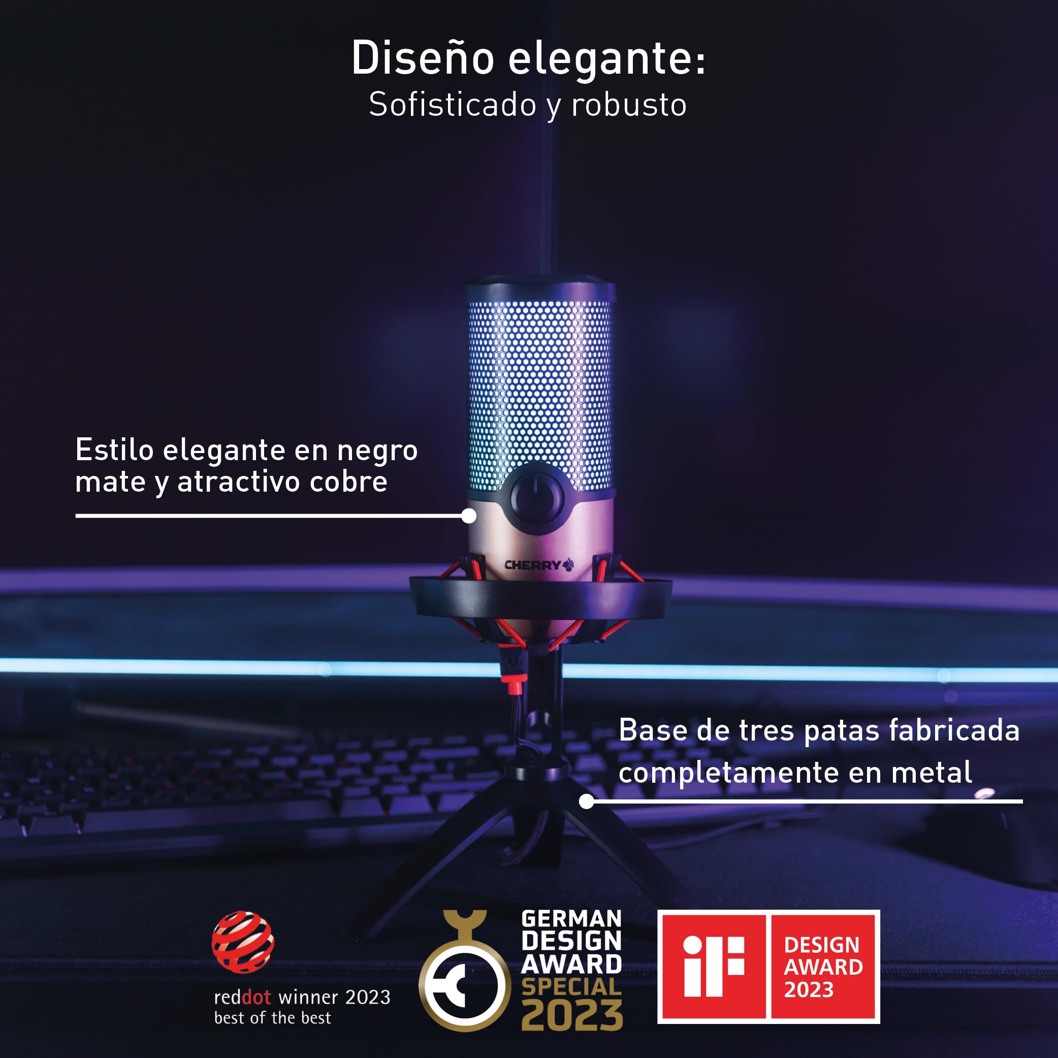Cherry UM 9.0 Pro RGB, Micrófono USB con Iluminación RGB, para Gaming, Streaming, ASMR, 4 Patrones Polares, Compatible con PC/Mac/PS4/PS5, Negro/Plateado