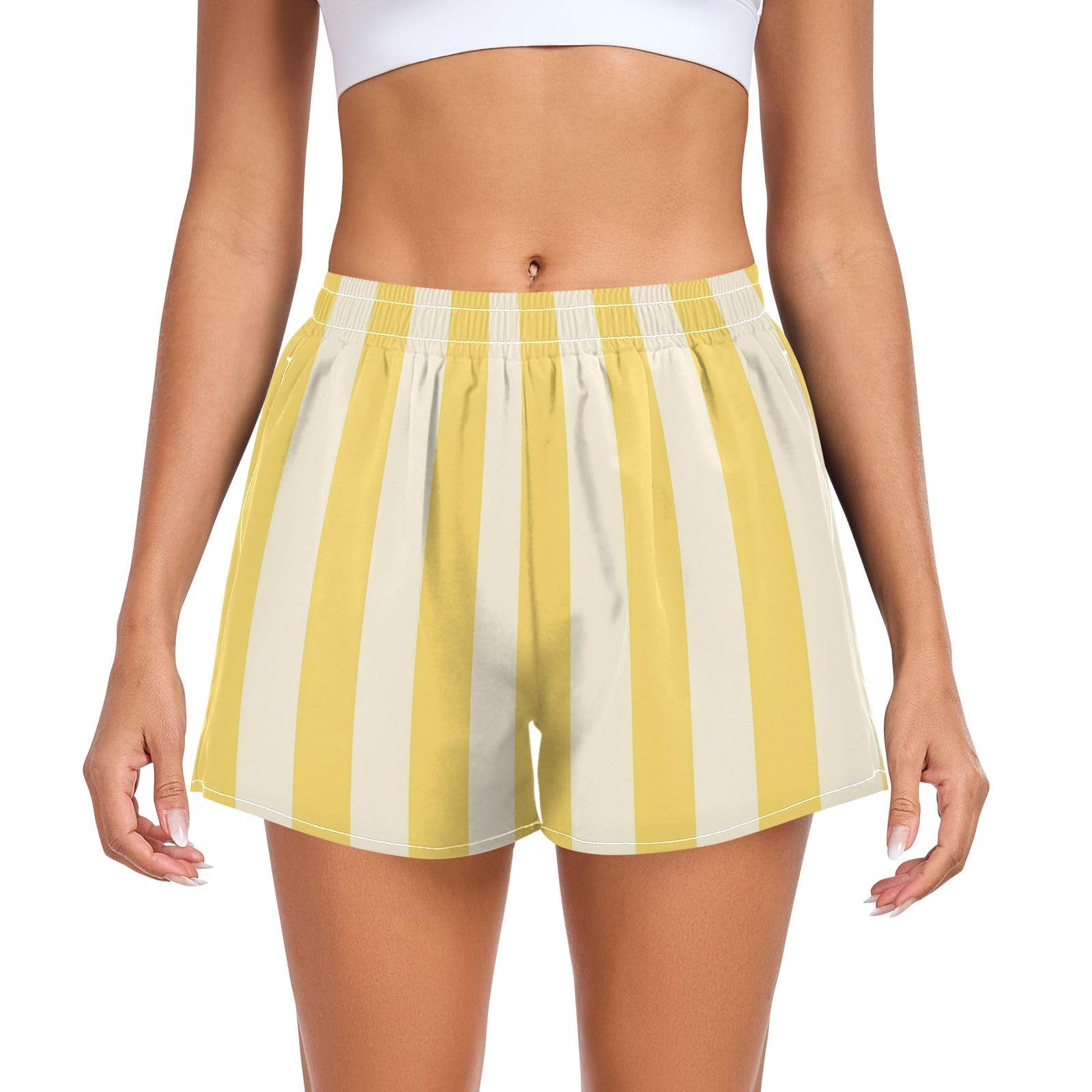 UMIRIKO Yellow White Stripe Athletic Shorts for Women with Pockets S 2300887