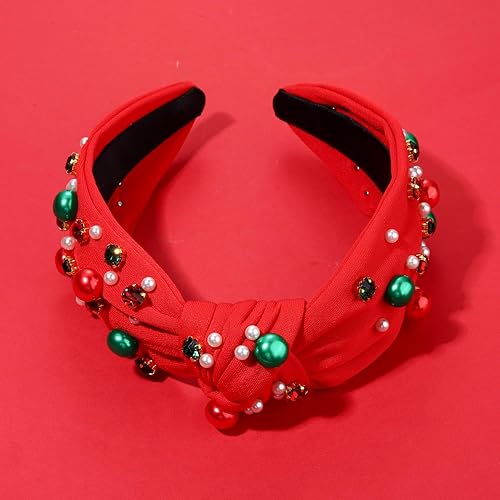 Miniatura 5 de Diadema de Navidad para mujer, color rojo y verde, perla con diamantes de imitación, diadema elegante de nudo ancho para mujer, regalo de fiesta de