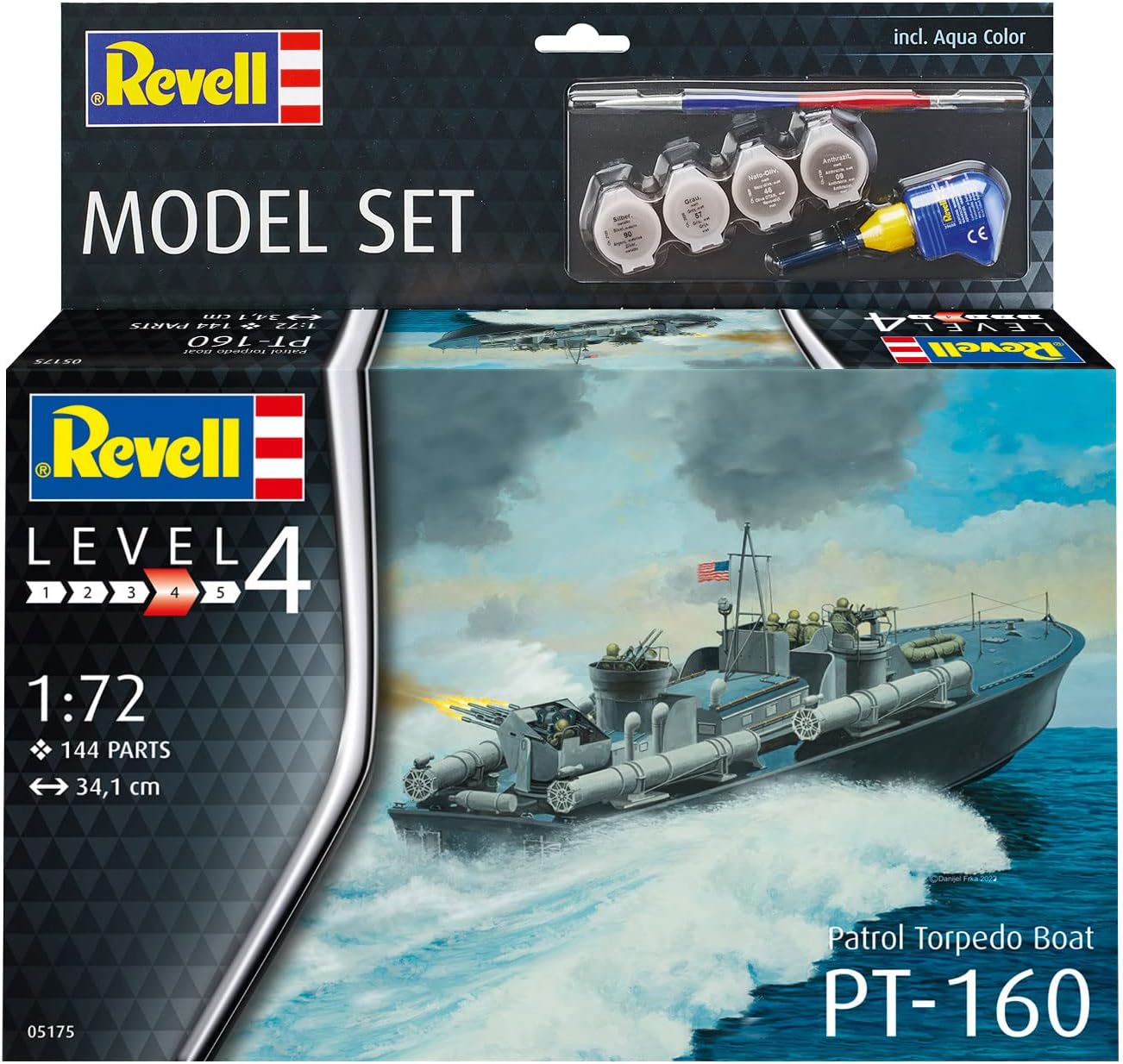 Revell Model Set 65175 Patrol Torpedo Boat PT-160 1:72 Scale Unbuilt/Unpainted Plastic Model Kit with Contacta Professional Glue, Paintbrush & Selected Aqua Color Paints