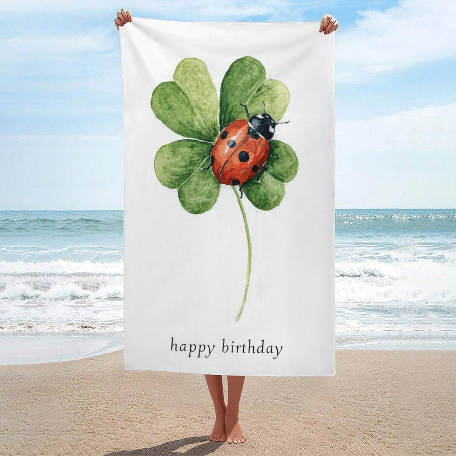 LSRCPD Four-leaf Clover Happy Birthday Beach Towel Sand Free Microfiber Large Shower Towels Multipurpose Absorbent for Bathroom Pool 130x80 CM