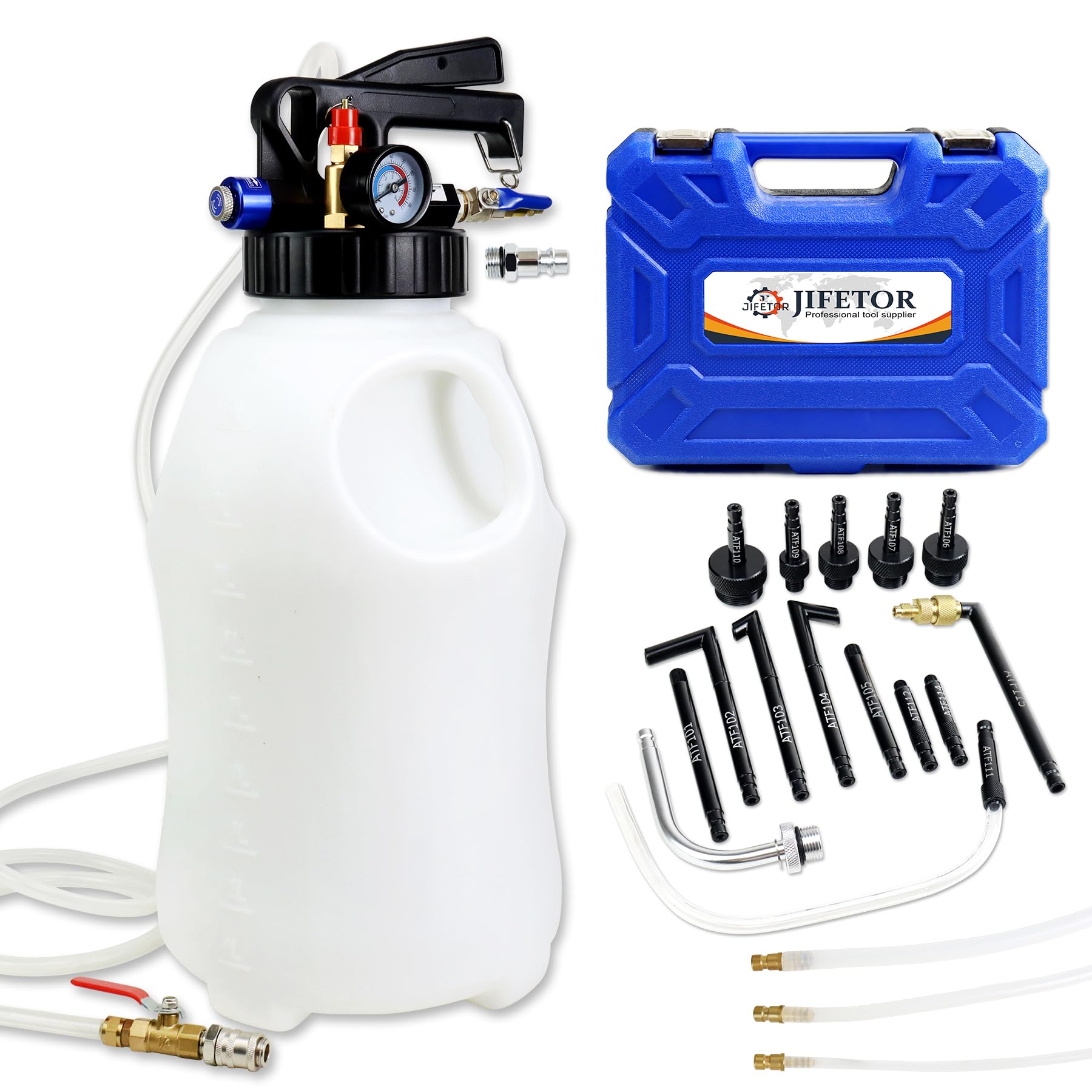 Photo 1 of JIFETOR Transmission Fluid Pump Pneumatic Extractor and Dispenser Tool Kit, 10L ATF Fill and Evacuator Oil Can Set with 15PCS ATF Adapters 3PCS 1M Hose for Gear Oil Garage and Shop Fluid Transfer Blue & Black