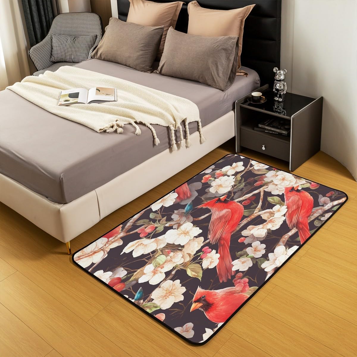 Feelyou Cherry Blossoms Area Rug 5x7 Kids Bird Decorative Rug for Boys Girls Teens Floral Botanical Branches Living Room Rugs Nature Theme Indoor Floor Mat