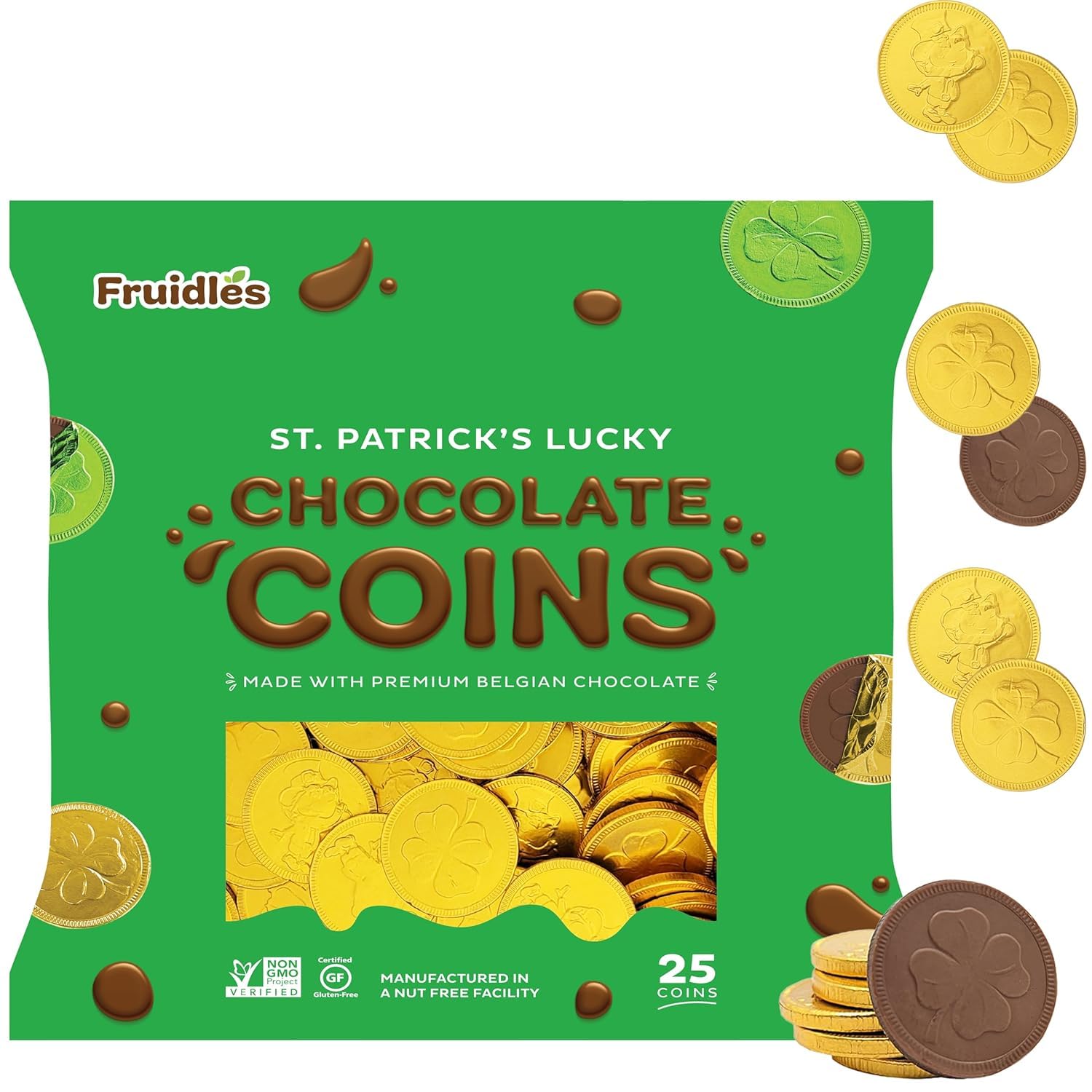 St. Patrick's Day 6 Bags 25 Chocolate Coins Gold Shamrock Coins Foils, Premium Belgian Milk Chocolate Clover Coins Resealable Bag, Nut-Free (6 Bags)