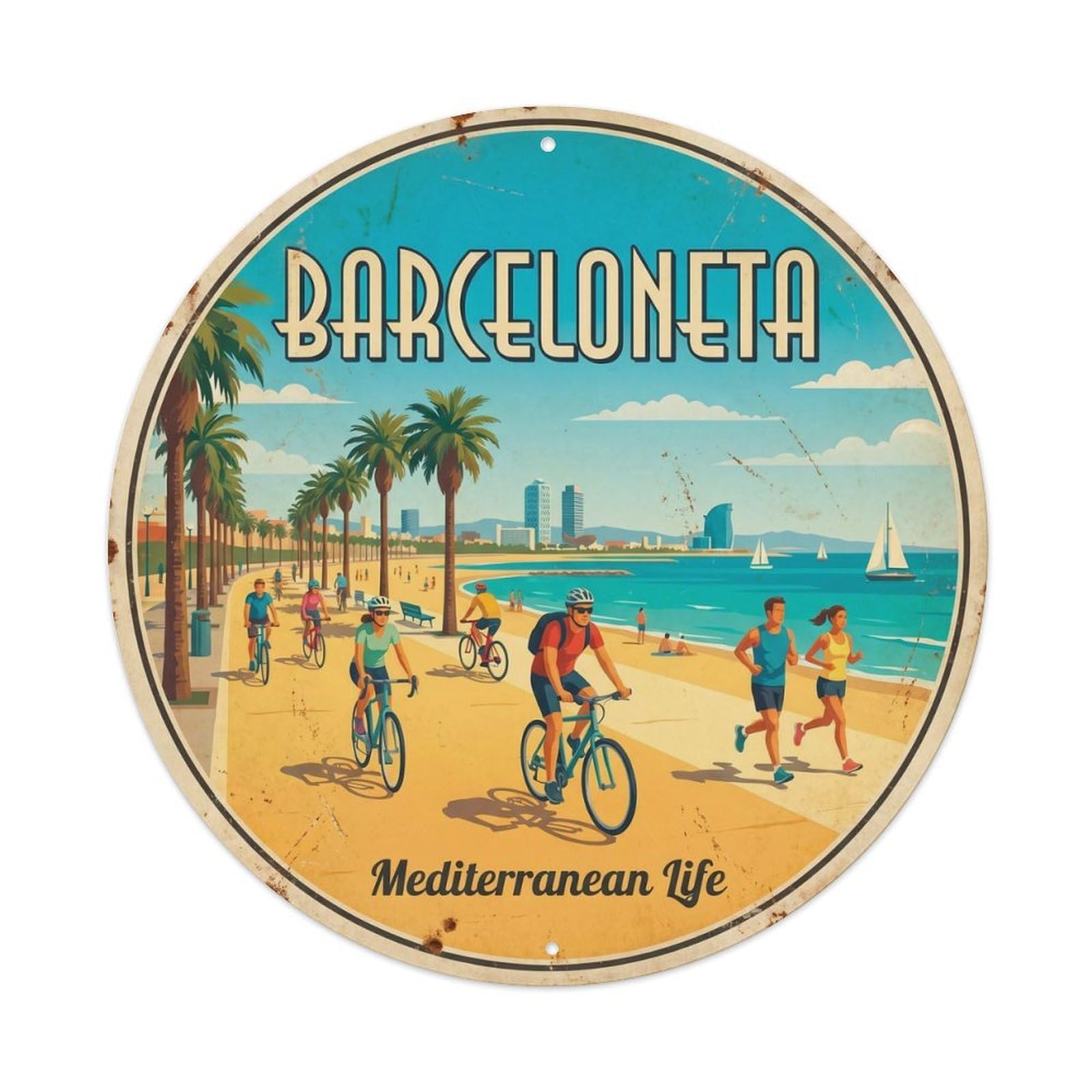 Vintage Travel Barceloneta Spain Beach Mediterranean Metal Tin Sign Plaque