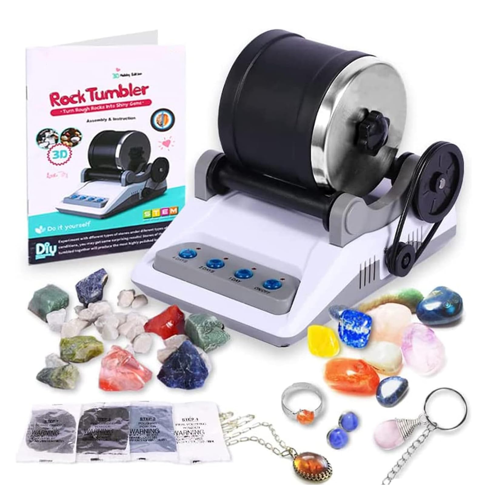 Rock Tumbler Kit, Starter Komplettes Steinpolierer Set, Rock Polierset mit 7-Tage-Timer DIY Edelsteine Poliermaschine Rosenquarz Stein Steinpoliermaschine für Kinder und Erwachsene