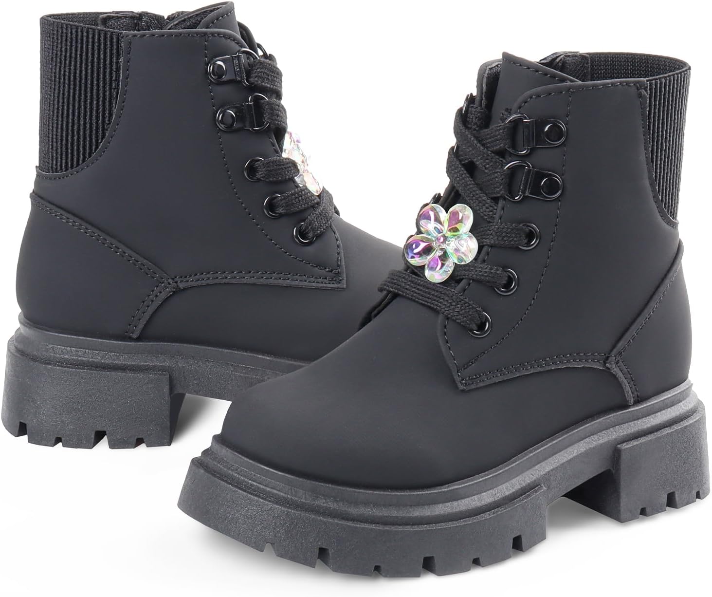 (size 3) Girls Combat Boots Side Zipper Lace Up Dress Black Girls Boots for Toddler/Little Kid/Big Kid 3 Big Kid Combat-black