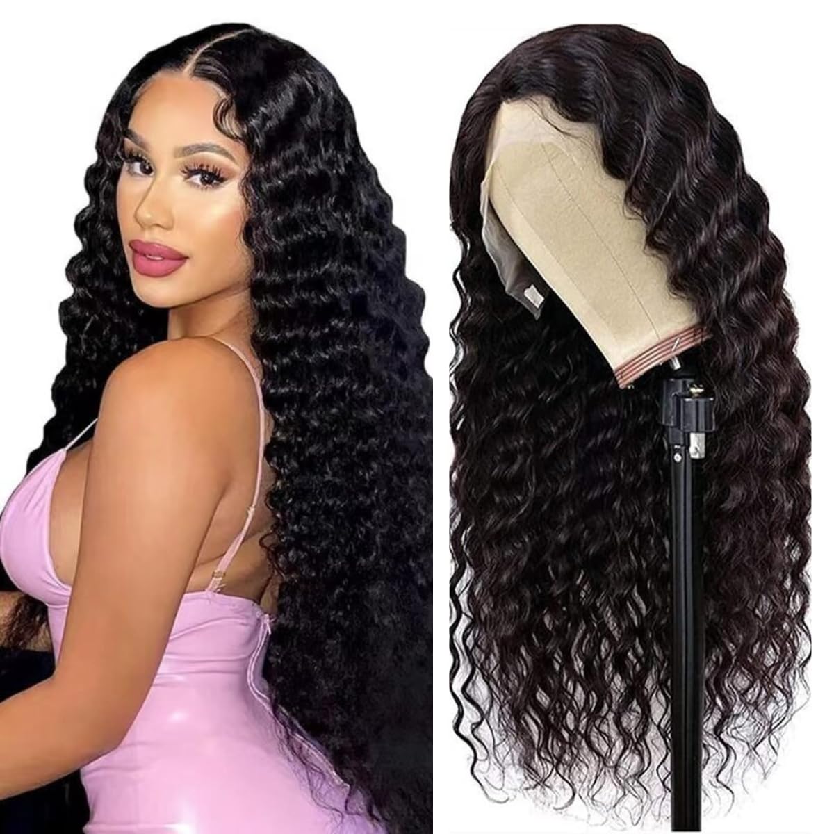 Glueless Deep Wave Lace Front Wigs Human Hair 13x4 Deep Wave HD Lace Frontal 180% Density Pre Plucked for Women with Baby Hair Unprocessed Deep Wave Wig Brazilian Human Hair Natural Color 30 Inch
