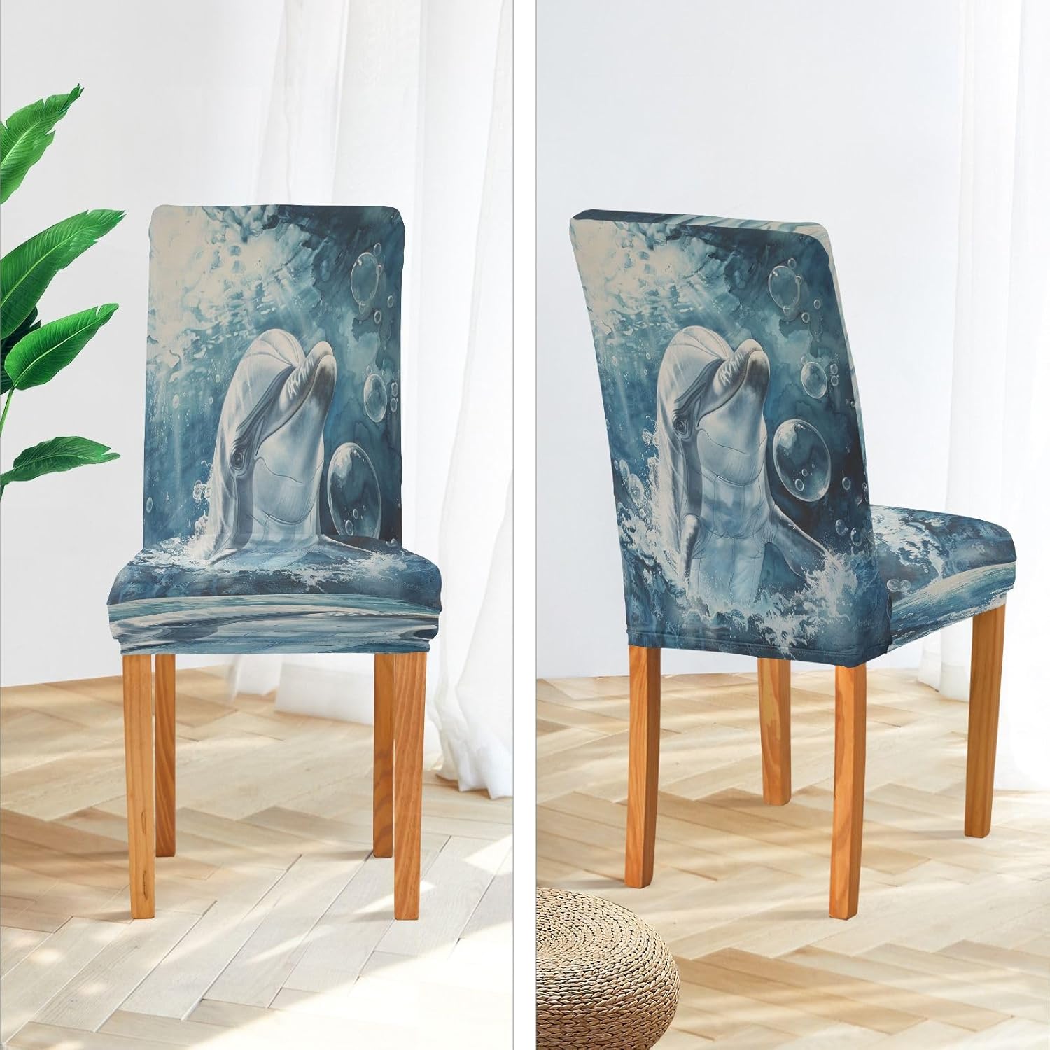 ALAZA Stretch Dining Room Chair Covers, Ocean Dolphin with Bubbles Chair Covers Parson Chair Slipcovers Removable Washable for Dining Room Ktichen Ceremony