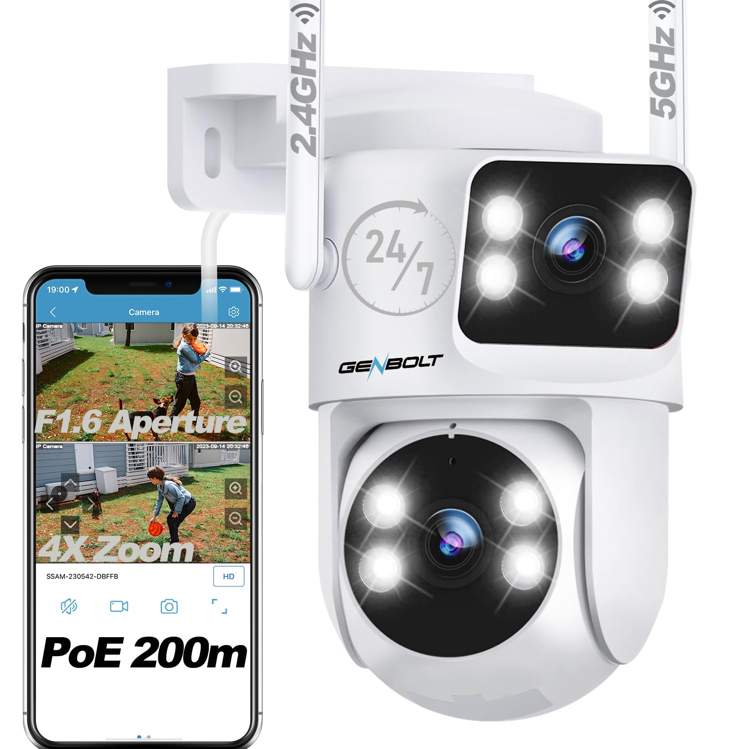 GENBOLT Telecamera WiFi Esterna Doppia Lente PTZ Videocamera Sorveglianza | 2.4/5Ghz, PoE, Registrazione 24/7, Archiviazione Cloud, Visione Notturna Colore, Inseguimento Auto, Rilevamento Umano