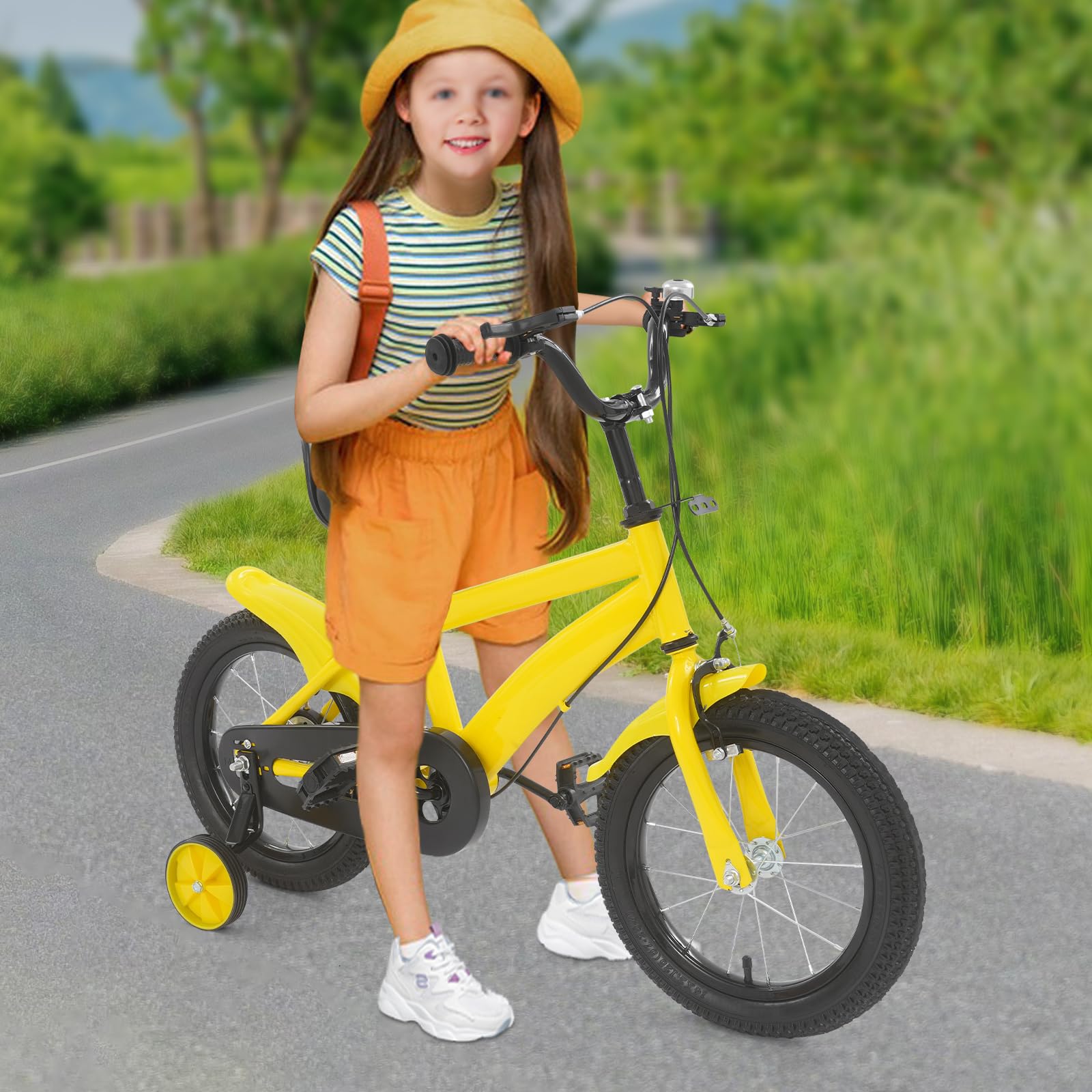 Bicicletta per bambini 14 pollici con ruote di supporto e parafanghi, freno doppio, altezza regolabile 43-49 cm