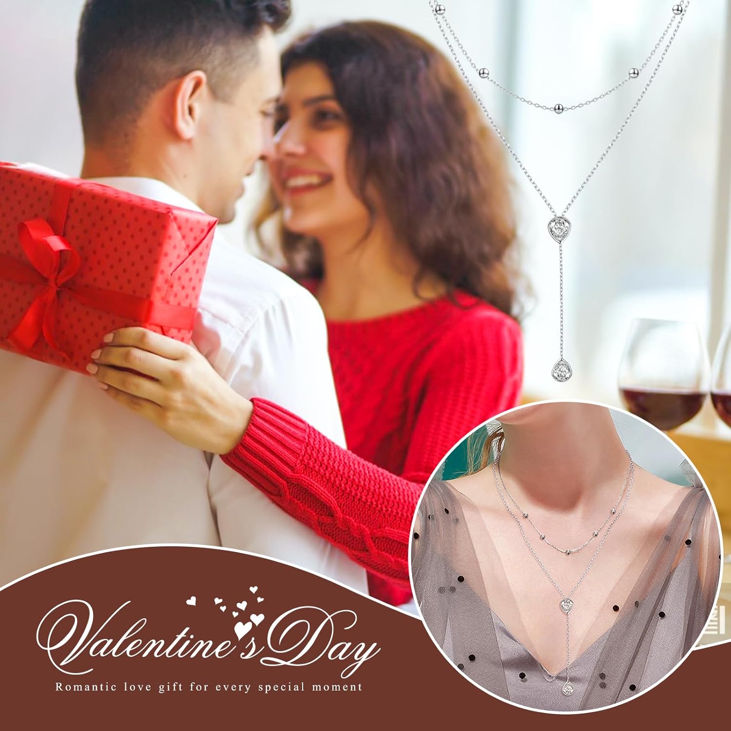 FLYOW Layered Necklace S925 Sterling Silver Teardrop Double Choker Y Lariat Long Chain Necklace Birthday Mother's Day Gifts for Women Ladies Mother Wife